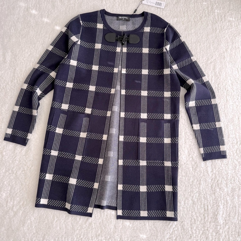 Romimona Plaid Open Front Long Cardigan, Navy/Cream, Size Small